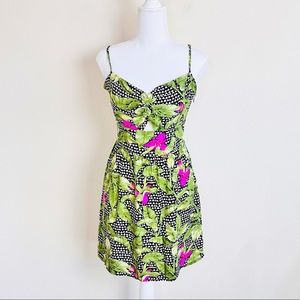 Green & Black Geometric Tropical Palm Leaves Cut Out Tank Mini Dress